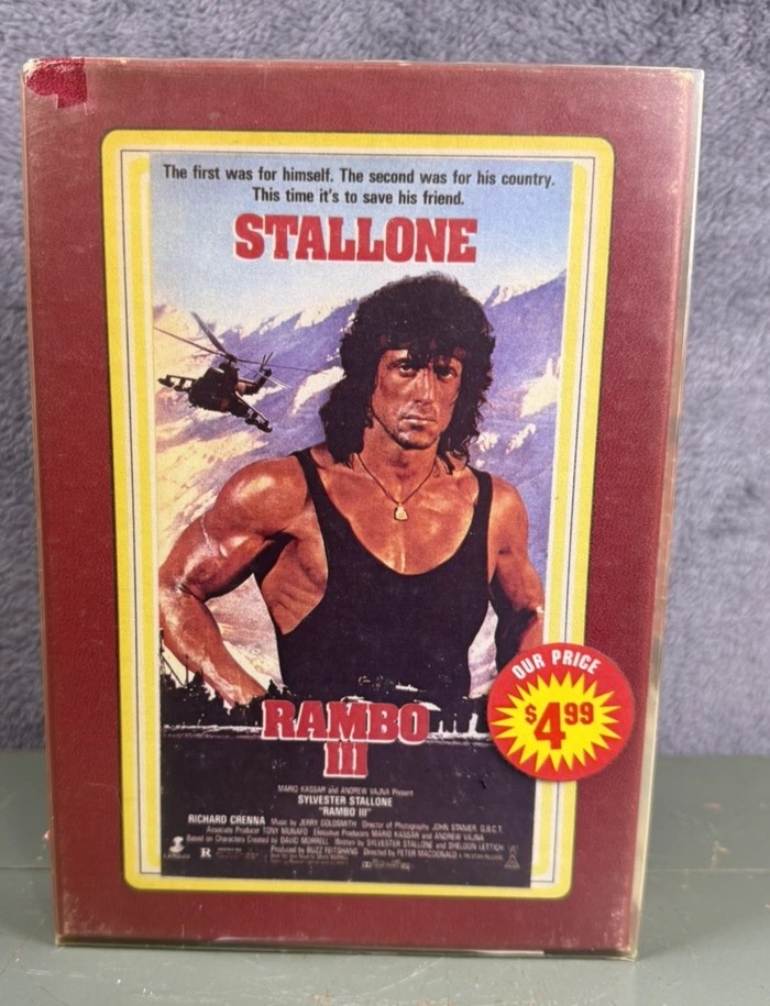 Rambo III VHS clamshell case with a 4.99 dollar price sticker, from a private Erol's-era video collection