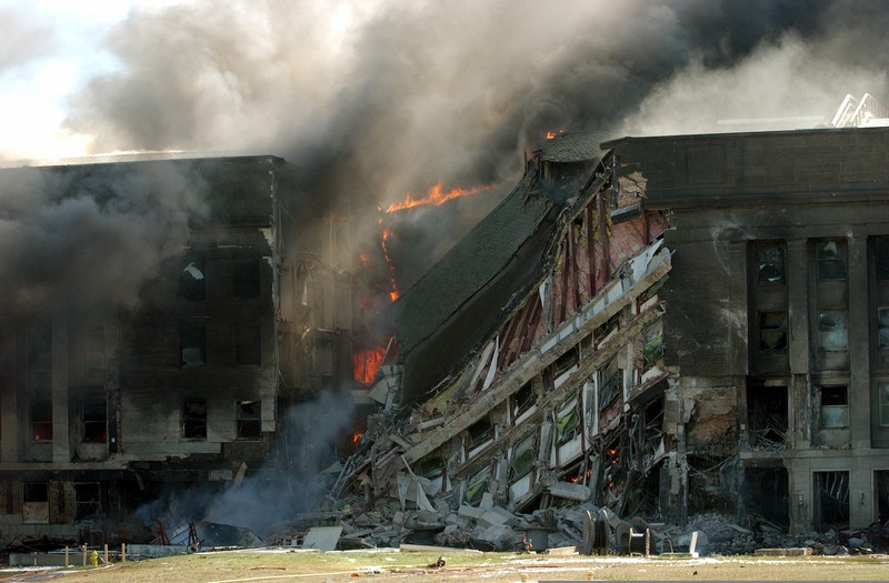 Firefighters battling flames at the Pentagon shortly after the attack on September 11, 2001
