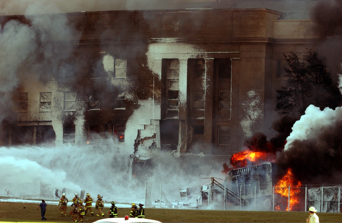 Smoke rises from the west side of the Pentagon on September 11, 2001.