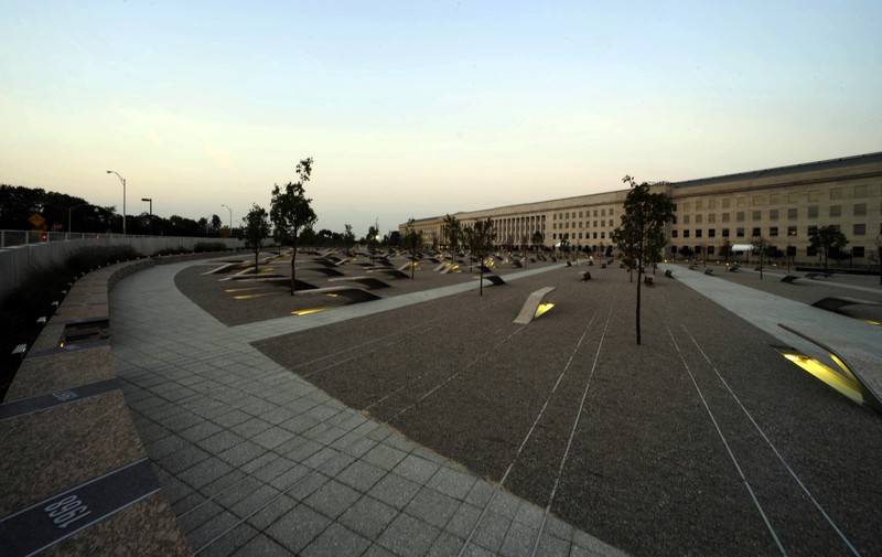 The cantilevered benches of the National 9/11 Pentagon Memorial in Arlington